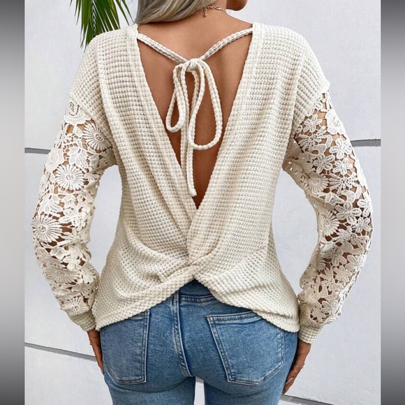 Boho floral embroidered lace sleeve twisted open tie back top - Picture 4 of 16